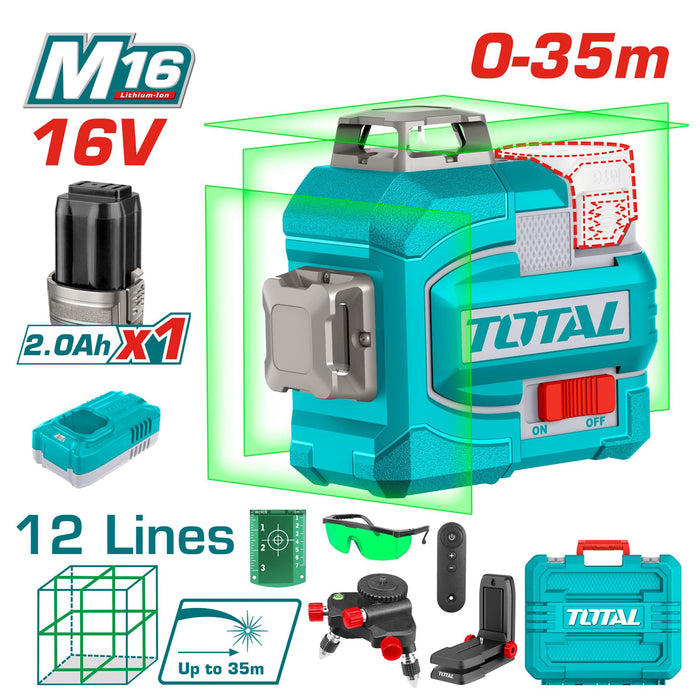 Máy đo cân bằng tia laser xanh 3D dùng Pin 16V Total TLL301201, phạm vi đo 35m
