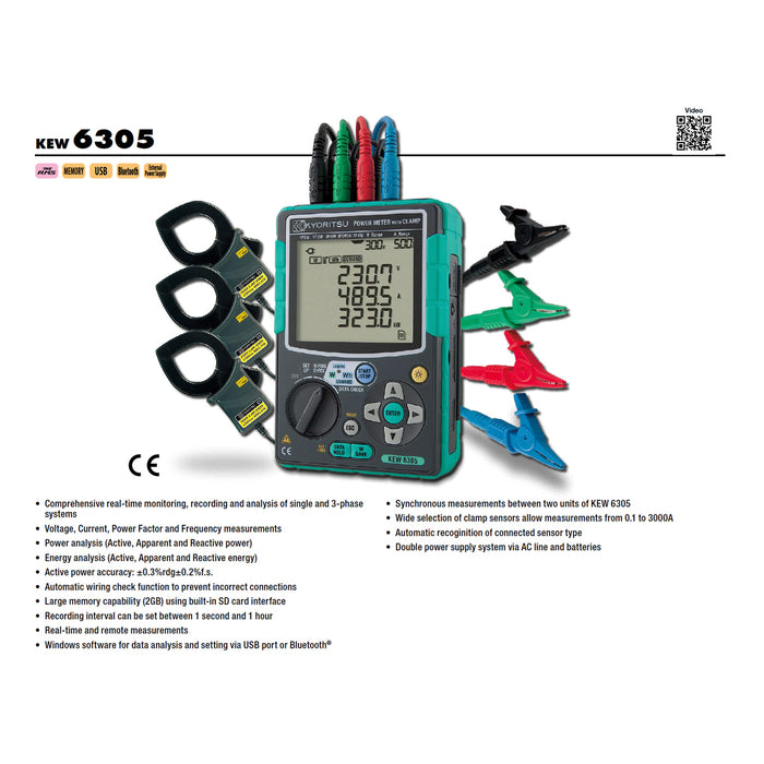 Thiết bị đo công suất Kyoritsu Model 6305-00 True RMS, có kết nối Bluetooth và cổng USB