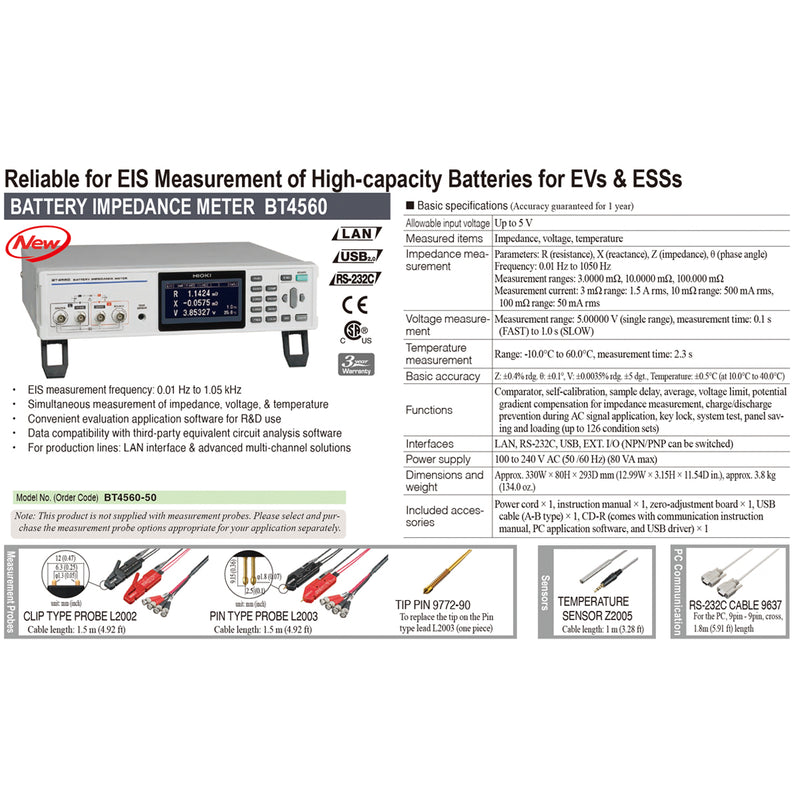 Thiết bị đo trợ kháng Pin Hioki BT4560-50, điện áp đầu vào 5V, có nhiều cổng kết nối LAN, USB, RS-232C, EXT. I/O
