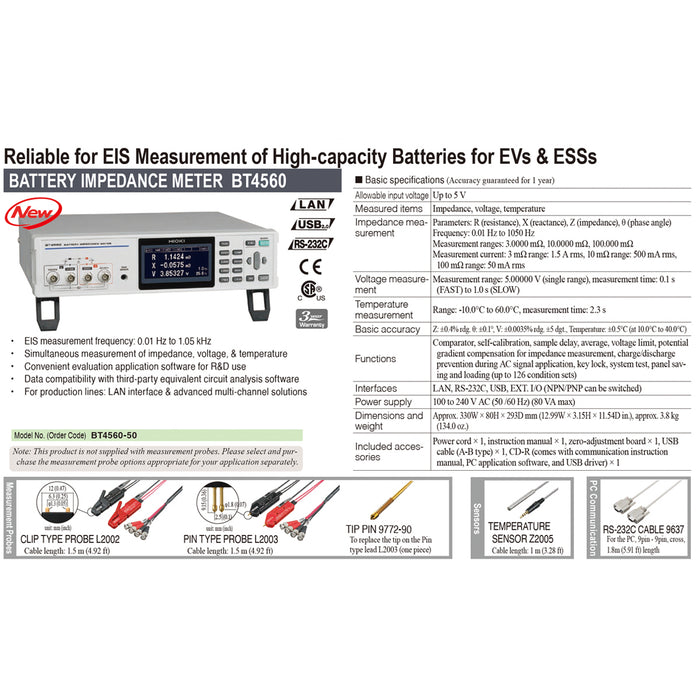 Thiết bị đo trợ kháng Pin Hioki BT4560-50, điện áp đầu vào 5V, có nhiều cổng kết nối LAN, USB, RS-232C, EXT. I/O