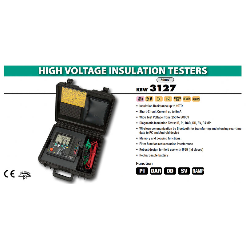 Thiết bị đo điện trở điện áp cao kỹ thuật số Kyoritsu Model 3127 dải đo từ 250V - 5000V, có Bluetooth