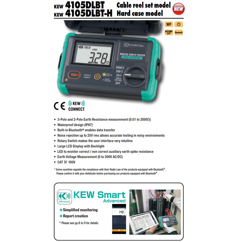 Thiết bị đo điện trở tiếp địa kỹ thuật số Kyoritsu KEW 4105DLBT-H dải đo từ 20Ω - 2000Ω, có kết nối Bluetooth (Hộp cứng đựng thiết bị)