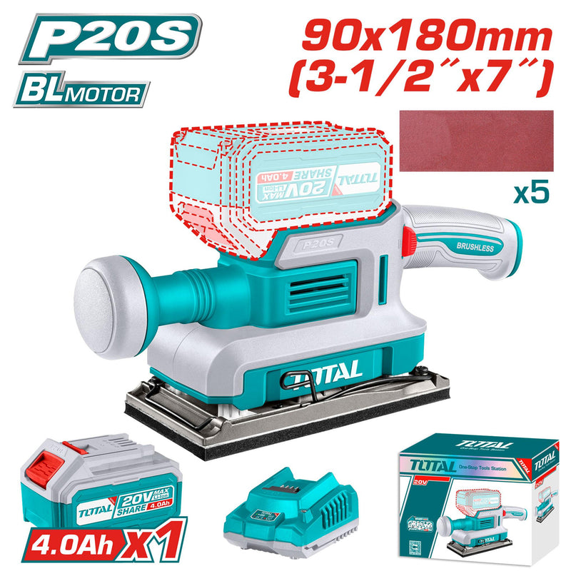 Máy chà nhám hình chữ nhật không chổi than dùng Pin 20V Total kích thước đế 90mm x 180mm