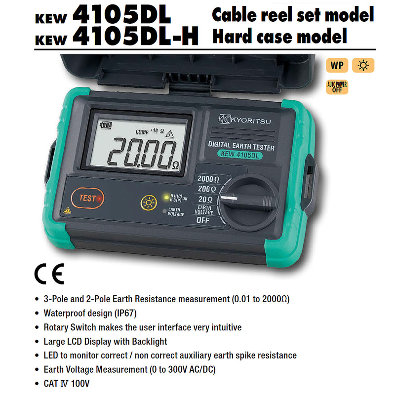 Thiết bị đo điện trở tiếp địa kỹ thuật số Kyoritsu KEW 4105DL-H dải đo từ 20Ω - 2000Ω (Hộp cứng đựng thiết bị)