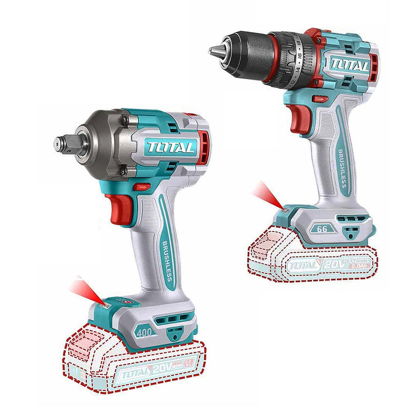 Bộ combo máy khoan búa và máy siết bu lông cốt 1/2 inch không chổi than dùng Pin 20V Total TCKLI20275
