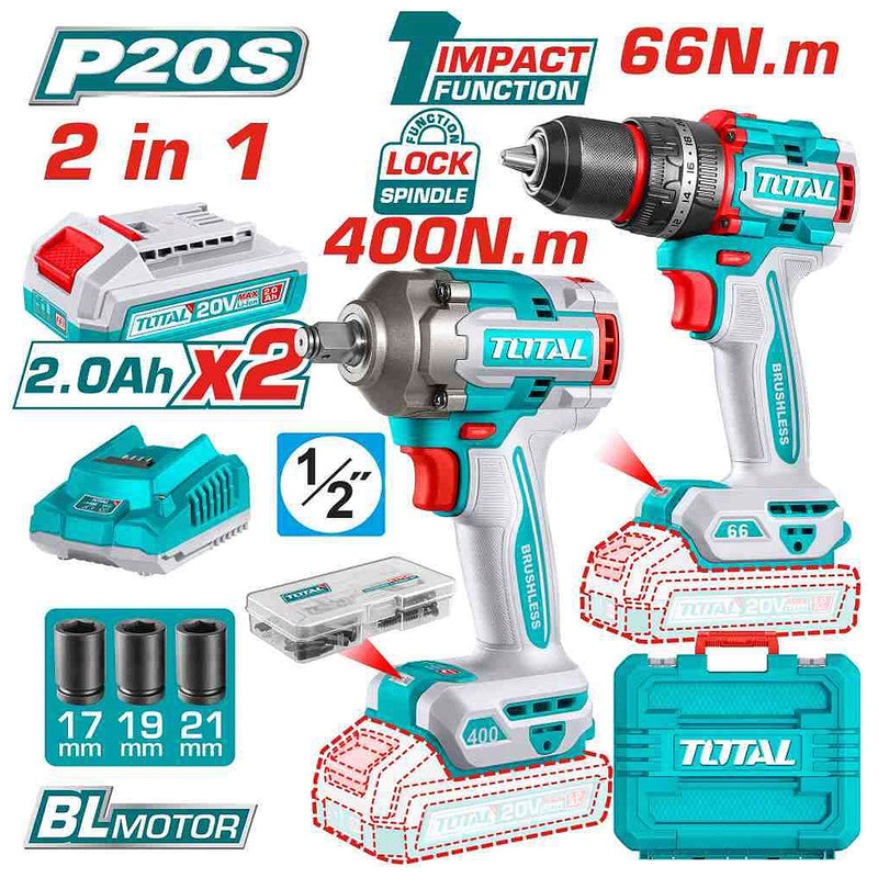 Bộ combo máy khoan búa và máy siết bu lông cốt 1/2 inch không chổi than dùng Pin 20V Total TCKLI20275