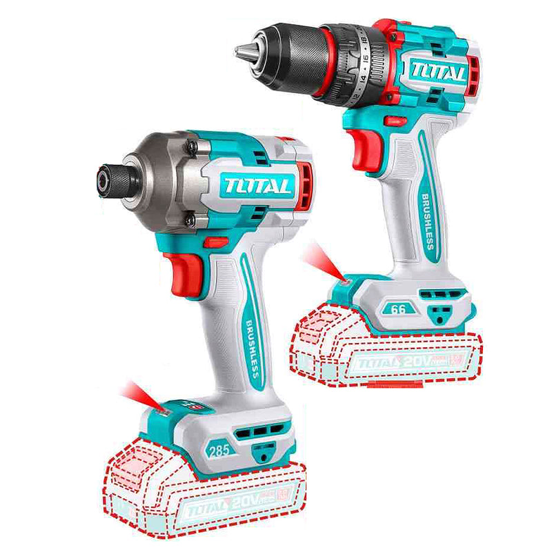 Bộ combo máy khoan búa và máy siết vít cốt 1/4 inch không chổi than dùng Pin 20V Total TCKLI20277
