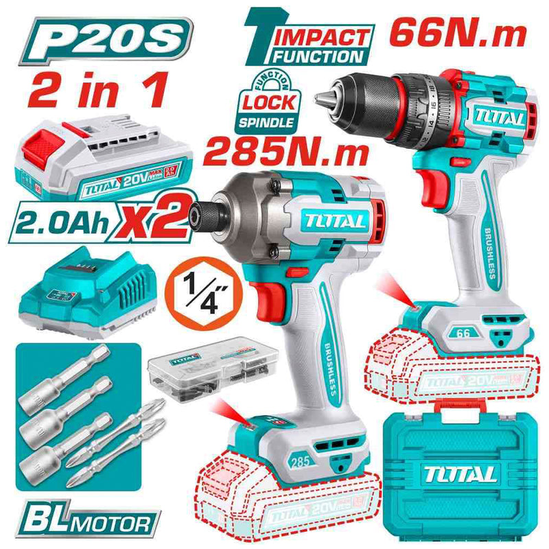 Bộ combo máy khoan búa và máy siết vít cốt 1/4 inch không chổi than dùng Pin 20V Total TCKLI20277