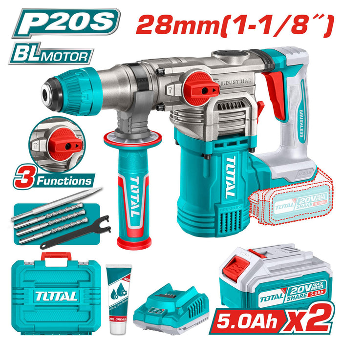 Máy khoan bê tông không chổi than dùng Pin 20V Total TRHLI202885 đuôi kẹp SDS Plus