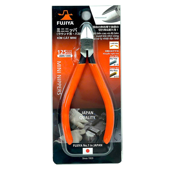 Kìm cắt mini 125mm (5 inch) mép lưỡi cong - dày Fujiya AMN-125S, có lò xo trợ lực, tiêu chuẩn an toàn RoHS