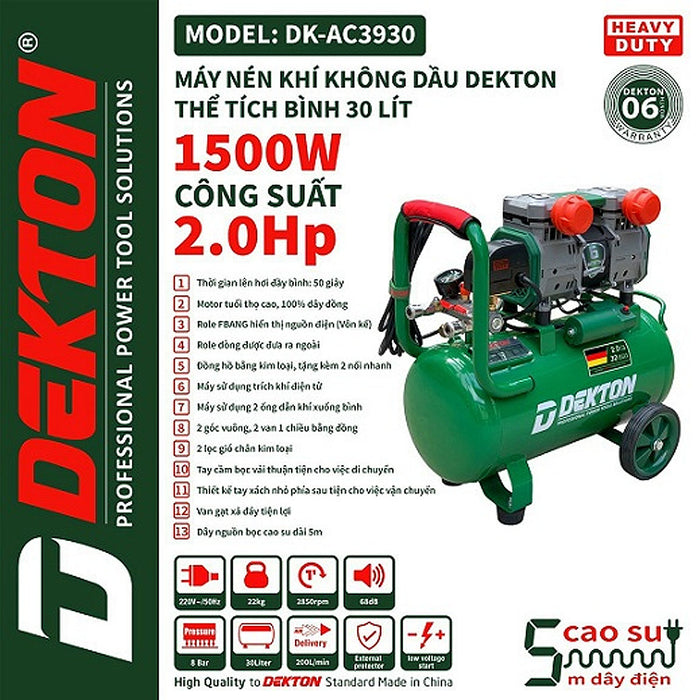 Máy nén khí không dầu Dekton DK-AC3930 công suất 2.0HP, bình chứa 30L