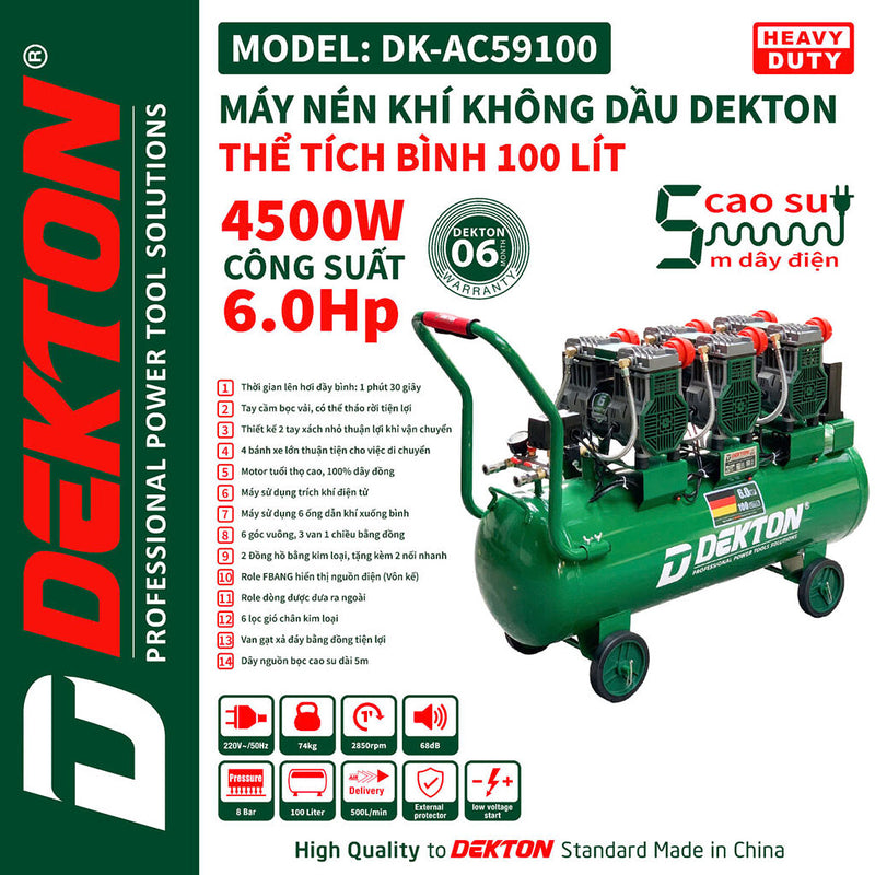 Máy nén khí không dầu Dekton DK-AC59100 công suất 6.0HP, bình chứa 100L