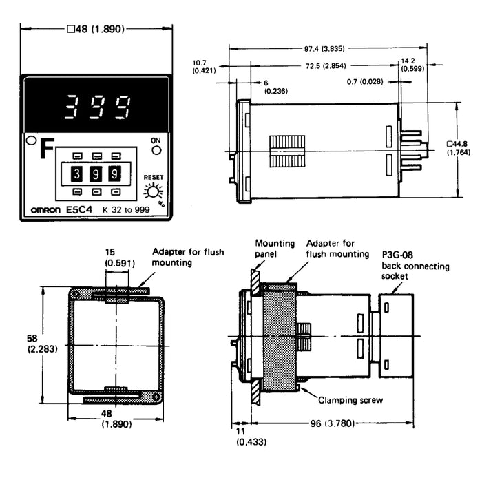 Relay điều khiển nhiệt độ Omron E5C4-R20J, dãi điều khiển từ 0 - 399 độ, Kèm đế ghim 8 chân tròn, điện áp 220V/AC