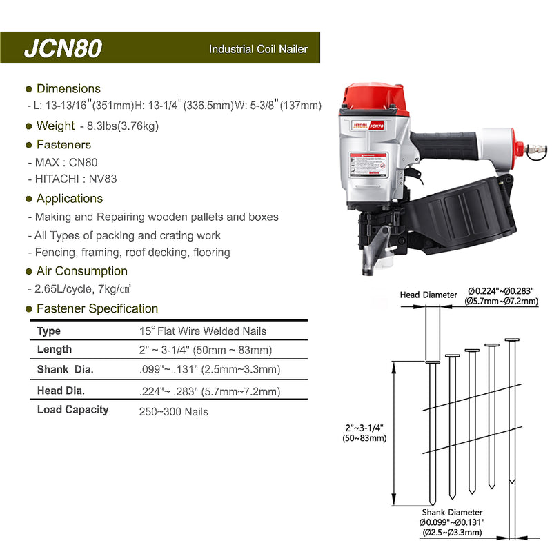 Máy bắn đinh cuộn dùng khí nén JITOOL JCN80, kích thước đinh 50mm - 83mm