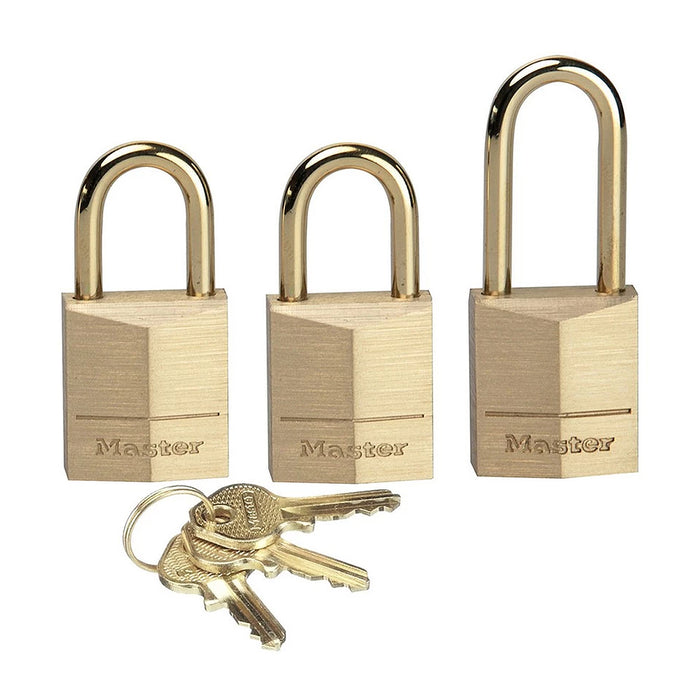 Bộ 3 ổ khóa treo mini Master Lock 3115D, Gồm 2 ổ càng cao 10mm và 1 ổ càng cao 20mm, thân khóa bằng đồng 15mm