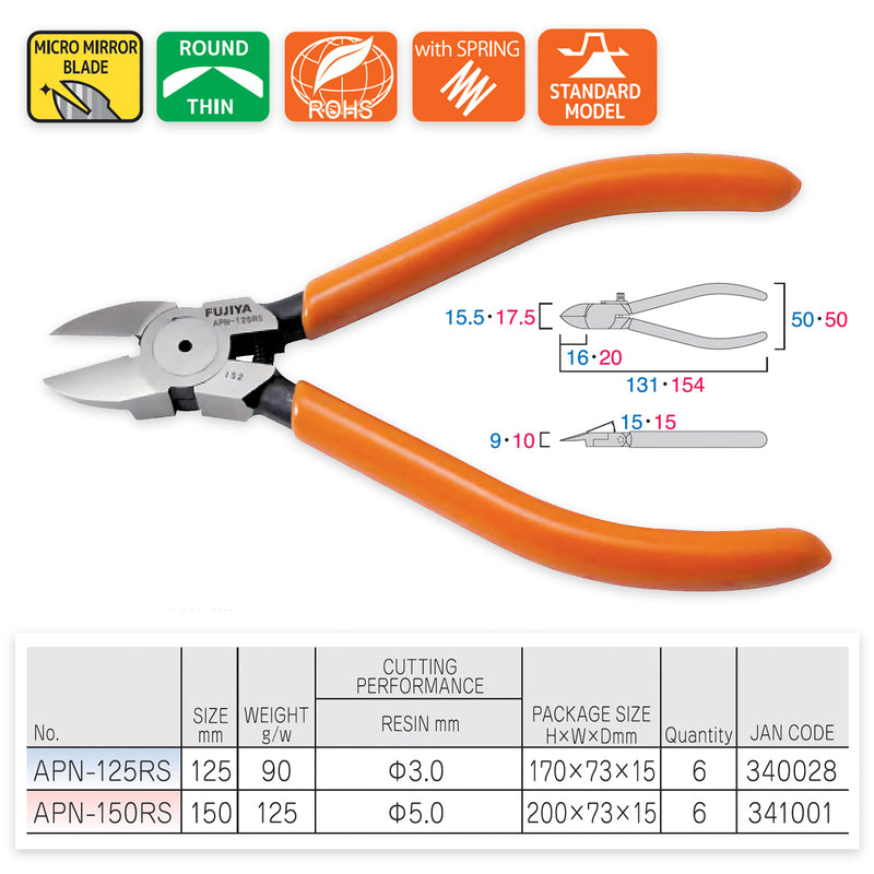 Kìm cắt nhựa mini có lò xo trợ lực, lưỡi cong nhẹ (Round Sharp) Fujiya RS Series kích thước từ 125mm - 150mm