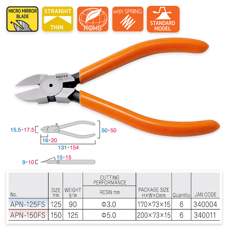 Kìm cắt nhựa mini có lò xo trợ lực, lưỡi phẳng (Flush Sharp) Fujiya FS Series  kích thước từ 125mm - 150mm