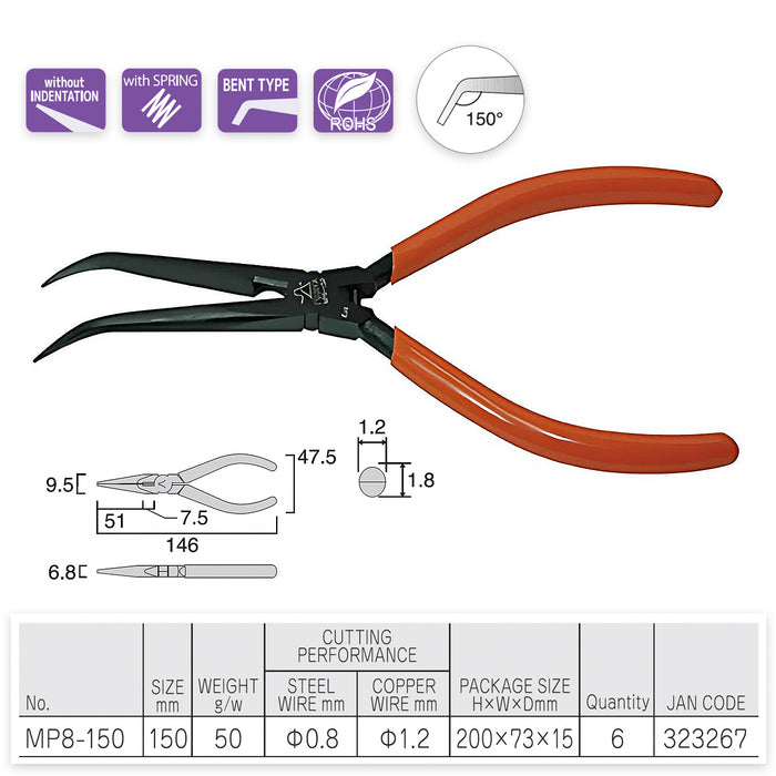 Kìm kỹ thuật mini có mũi nhọn đầu nhíp cong Fujiya ATR-150SB (MP8-150) có lò xo trợ lực. Tiêu chuẩn an toàn RoHS