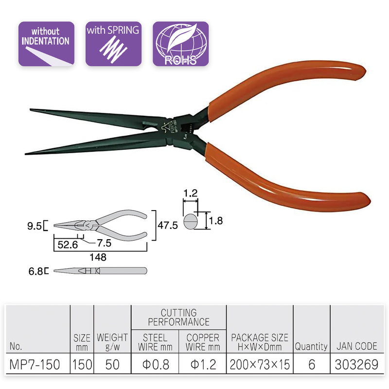 Kìm kỹ thuật mini có mũi nhọn đầu nhíp Fujiya ATR-150S (MP7-150) có lò xo trợ lực. Tiêu chuẩn an toàn RoHS