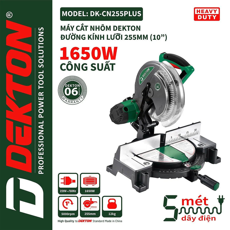 Máy cưa đa góc Dekton DK-CN255PLUS công suất 1650W, đường kính lưỡi 255mm (10 inch), truyền động dây Curoa