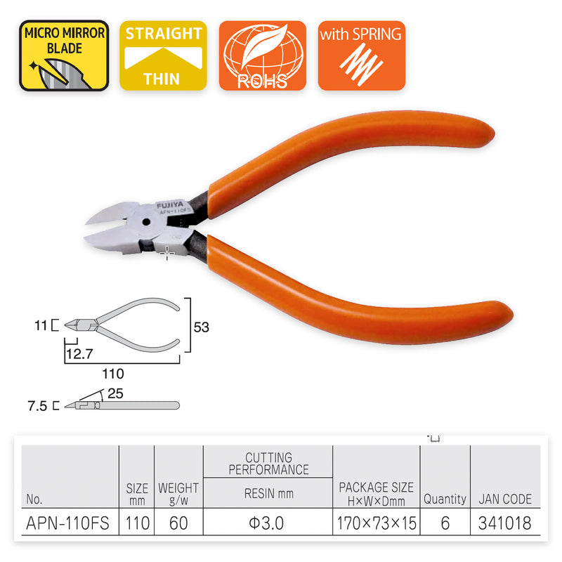 Kìm cắt nhựa mini có lò xo trợ lực, lưỡi phẳng (Flush Sharp) Fujiya APM-110FS kích thước 110mm