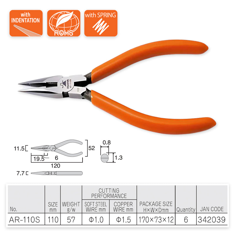 Kìm nhọn mini đầu ngắn Fujiya AR-110S, kích thước 110mm (4.5 inch) có lò xo trợ lực.