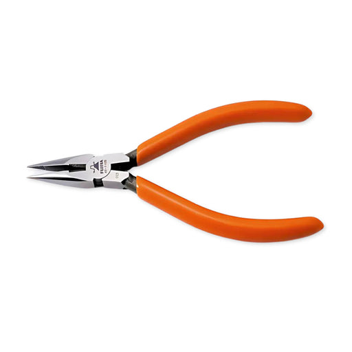 Kìm mũi nhọn mini Fujiya AR-110S 110mm mũi ngắn có răng cưa, thép mạ bạc, cán nhựa cam có lò xo trợ lực.