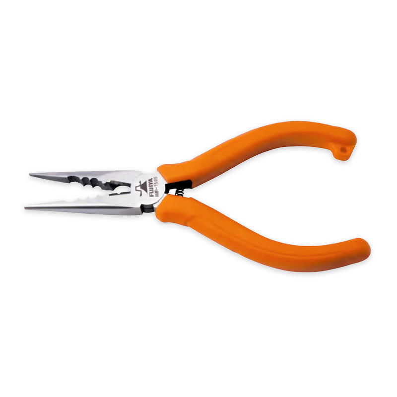 Kìm mũi nhọn đa năng Fujiya AMR-150S 150mm lưỡi thép tích hợp khe bấm cos, cán nhựa cam có lò xo trợ lực.