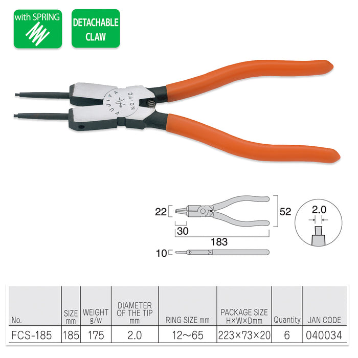 Kìm mở phe trong 185mm (7 inch) Fujiya FCS-180. Có lò xo trợ lực. Có thể thay đầu mũi phe. Xuất xứ Nhật bản