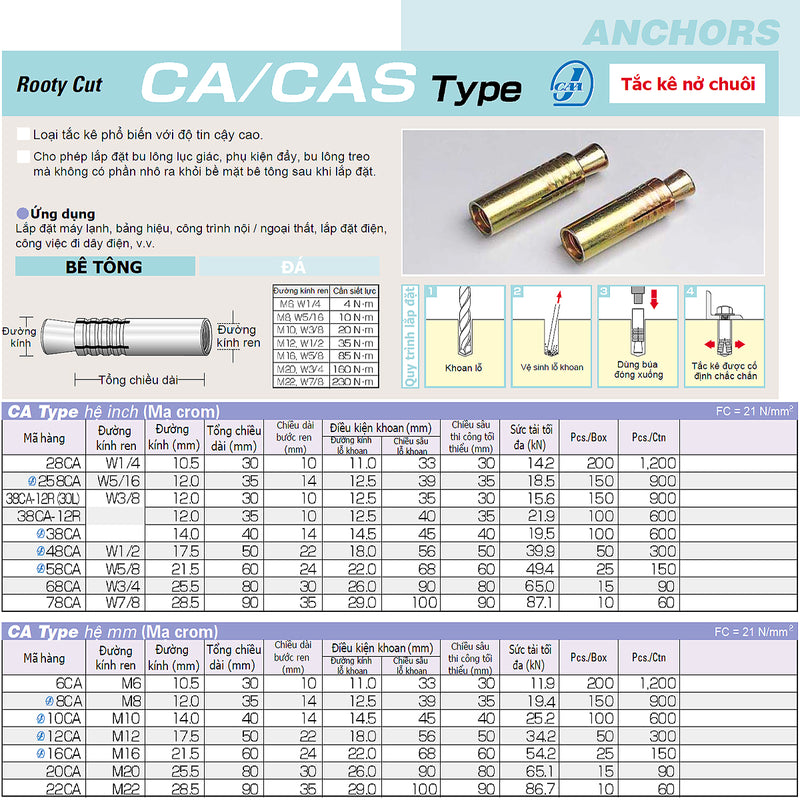 Tắc kê nở chuôi CA-Type hệ inch và mét Unika, chất liệu mạ Chrome, chuyên dùng cho bê tông và đá. Chứng nhận JCAA