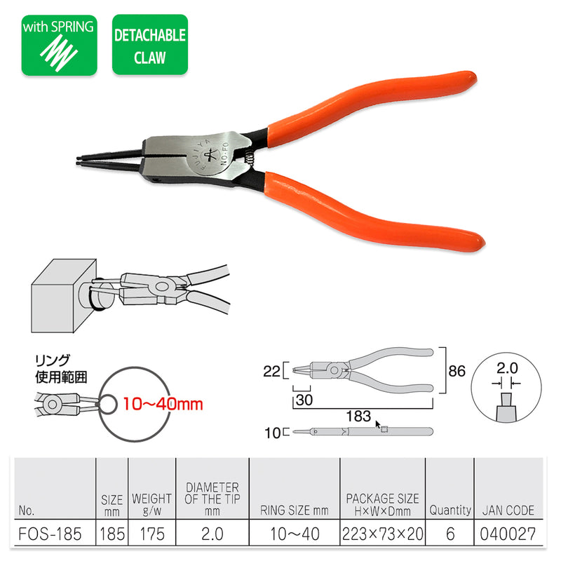 Kìm mở phe ngoài, có lò xo trợ lực, đầu mũi thay thế được Fujiya FOS-185 kích thước 185mm, mở phe tối đa từ 10mm - 40mm