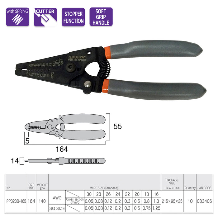 Kìm tuốt dây 165mm (6.5 inch) Fujiya PP323B-165, Type B. Có lò xo trợ lực. Xuất xứ Taiwan