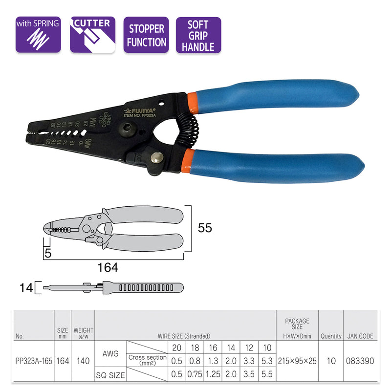 Kìm tuốt dây, có lò xo trợ lực Fujiya PP323A-165 kích thước 165mm, khả năng tuốt từ 0.5mm² - 5.3mm²