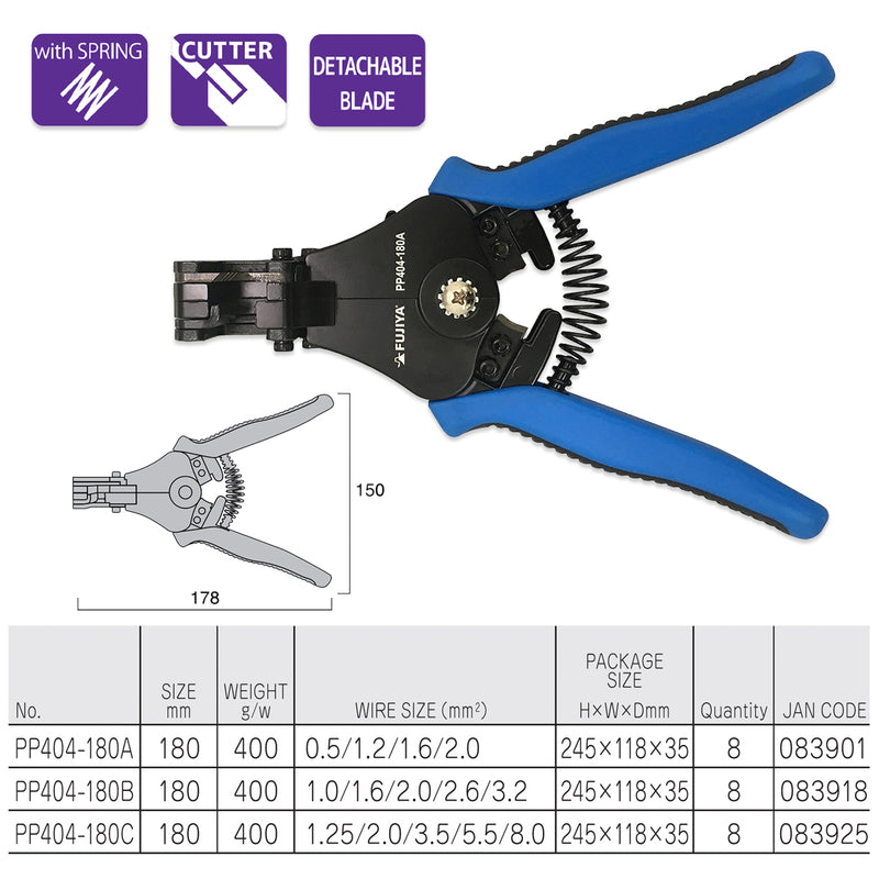 Kìm cắt và tuốt dây Fujiya PP404-180 Series kích thước 180mm, khả năng tuốt dây từ 0.5mm² - 8mm²