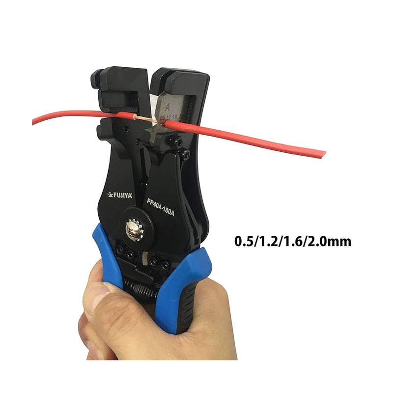 Kìm tuốt dây 180mm (7 inch) có lưỡi cắt cáp và lò xo trợ lực Fujiya PP404-180A. Có thể thay bộ lưỡi tuốt. Xuất xứ Nhật bản.