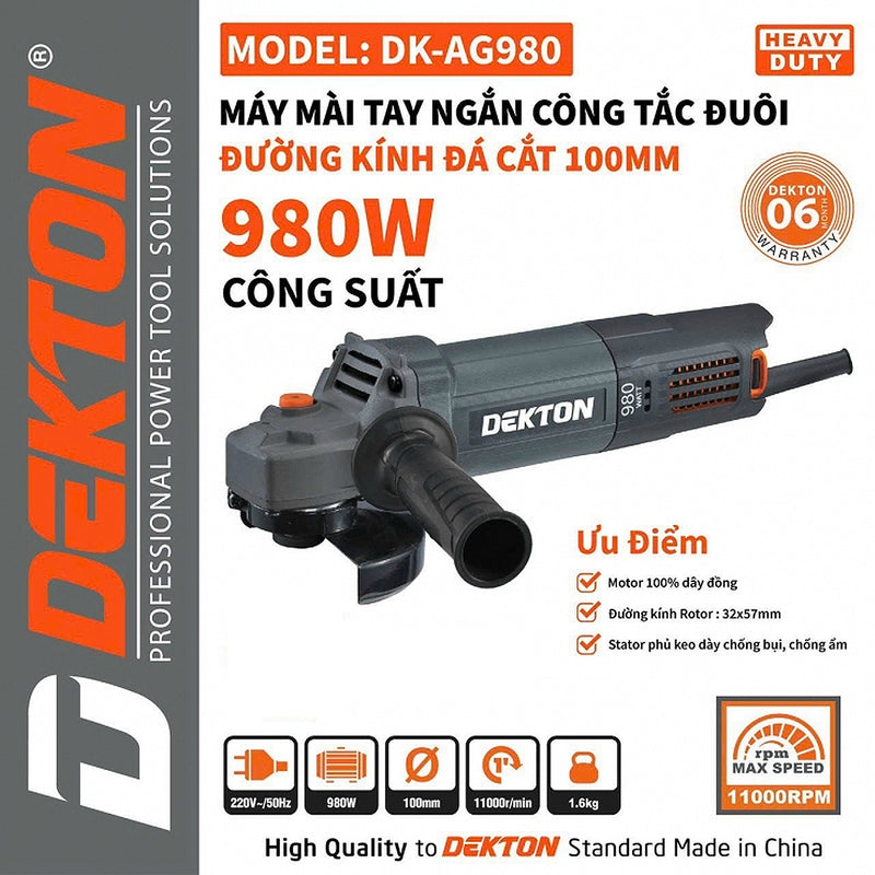 Máy mài góc Dekton DK-AG980 đường kính lưỡi 100mm công tắc đuôi, công suất 980W