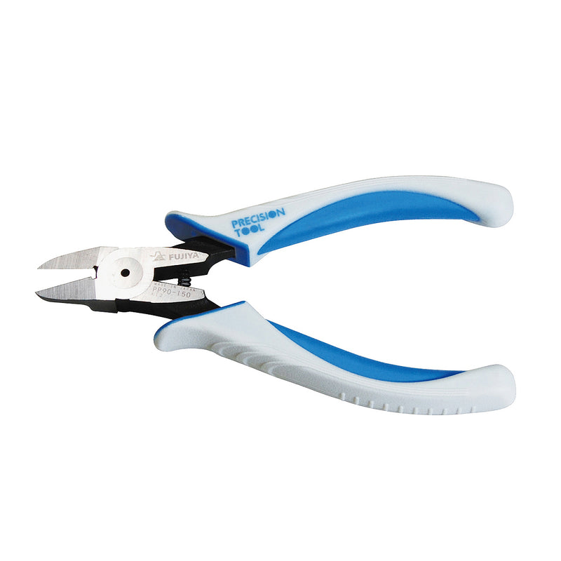 Kìm cắt nhựa kỹ thuật Fujiya PP90 Series, mép lưỡi phẳng mỏng có lò xo trợ lực, kích thước từ 125mm-150mm. Tiêu chuẩn RoHS. Xuất xứ Nhật bản.