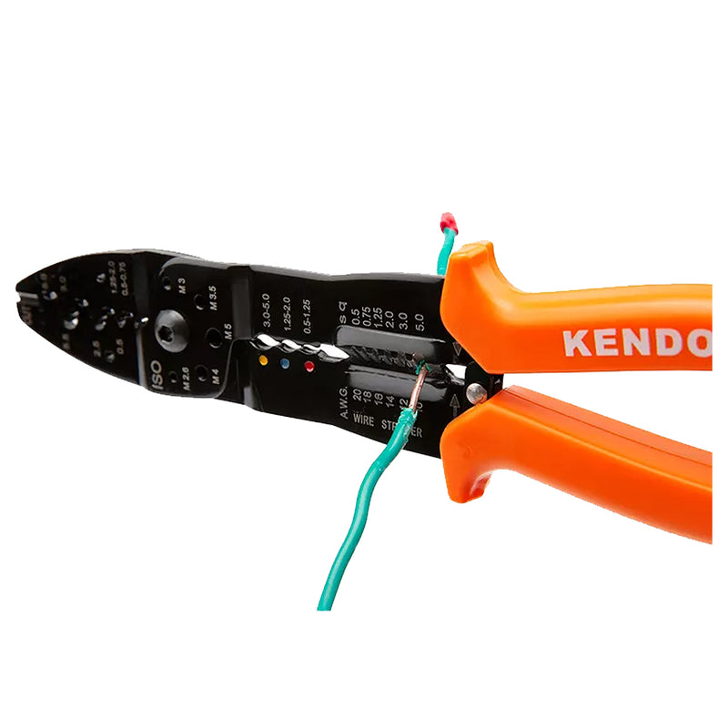 Kìm tuốt dây và bấm đầu cos đa năng Kendo 11709 chiều dài 10 inch (250mm) vật liệu thép carbon C50 mạ nickel
