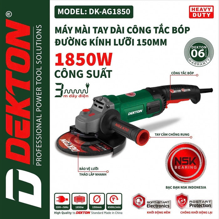 Máy mài góc Dekton DK-AG1850 đường kính lưỡi 150mm công tắc bóp, công suất 1850W