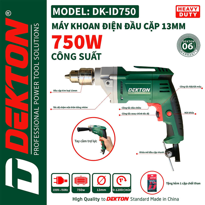 Máy khoan búa Dekton DK-ID750 đầu cặp 13mm, công suất 750W