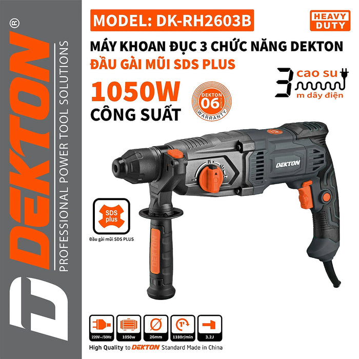 Máy khoan bê tông 3 chức năng Dekton DK-RH2603B công suất 1050W, đầu cặp SDS-Plus, lực đập 3.5J