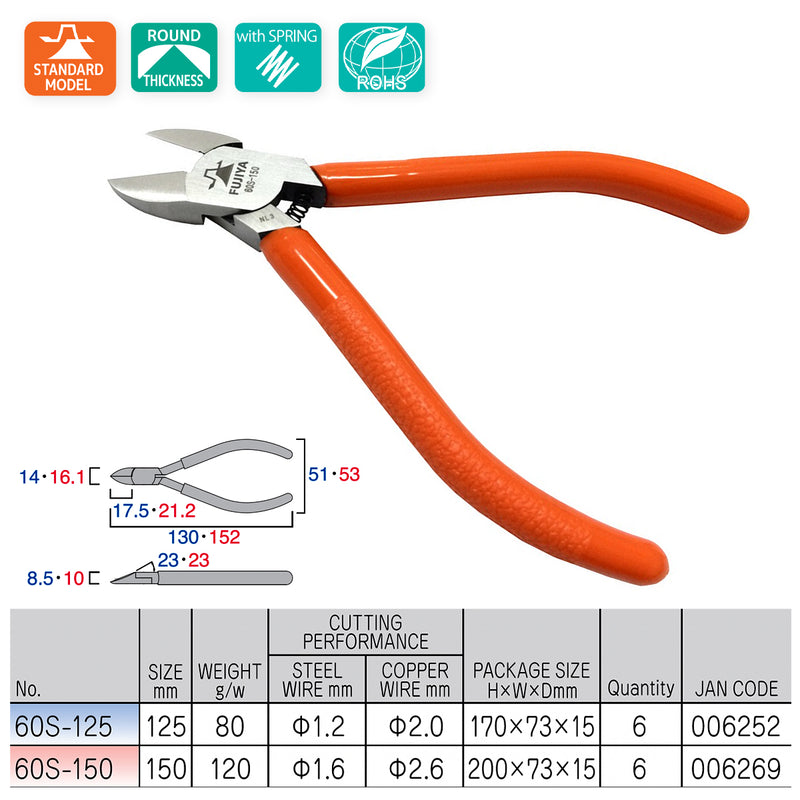 Kìm cắt tiêu chuẩn, có lò xo trợ lực, lưỡi cong Fujiya 60S Series kích thước từ 125mm - 150mm
