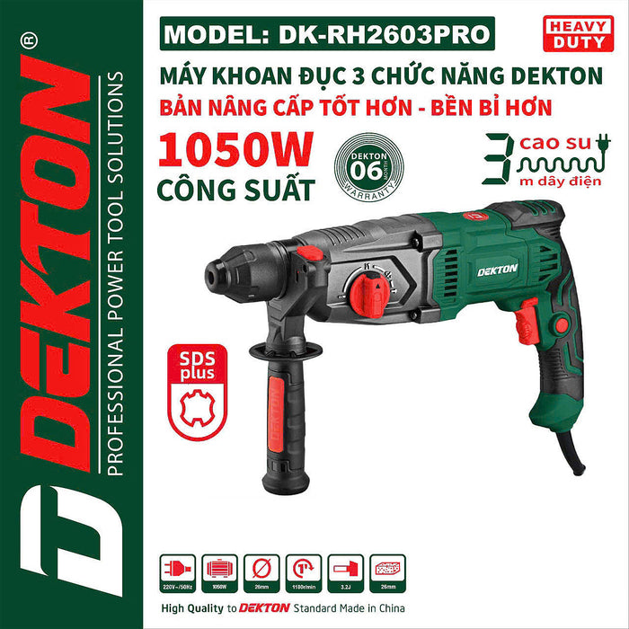 Máy khoan bê tông 3 chức năng Dekton DK-RH2603PRO công suất 1050W, đầu cặp SDS-Plus, lực đập 3.2J