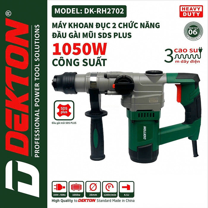 Máy khoan bê tông 2 chức năng Dekton DK-RH2702 công suất 1050W, đầu cặp SDS-Plus, lực đập 4.5J