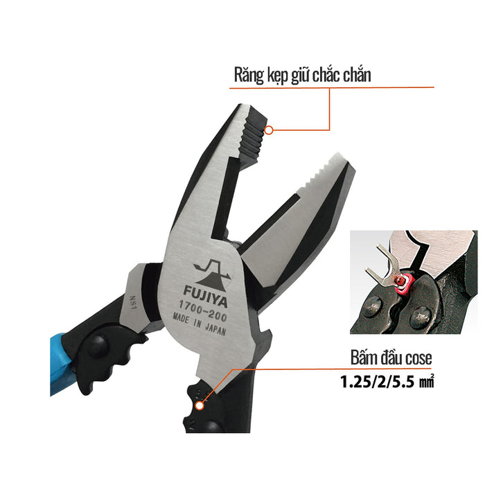 Kìm cắt cường lực Fujiya 700-175/ 700-200 có chức năng bấm đầu cose, mép lưỡi dày. Tiêu chuẩn ROHS