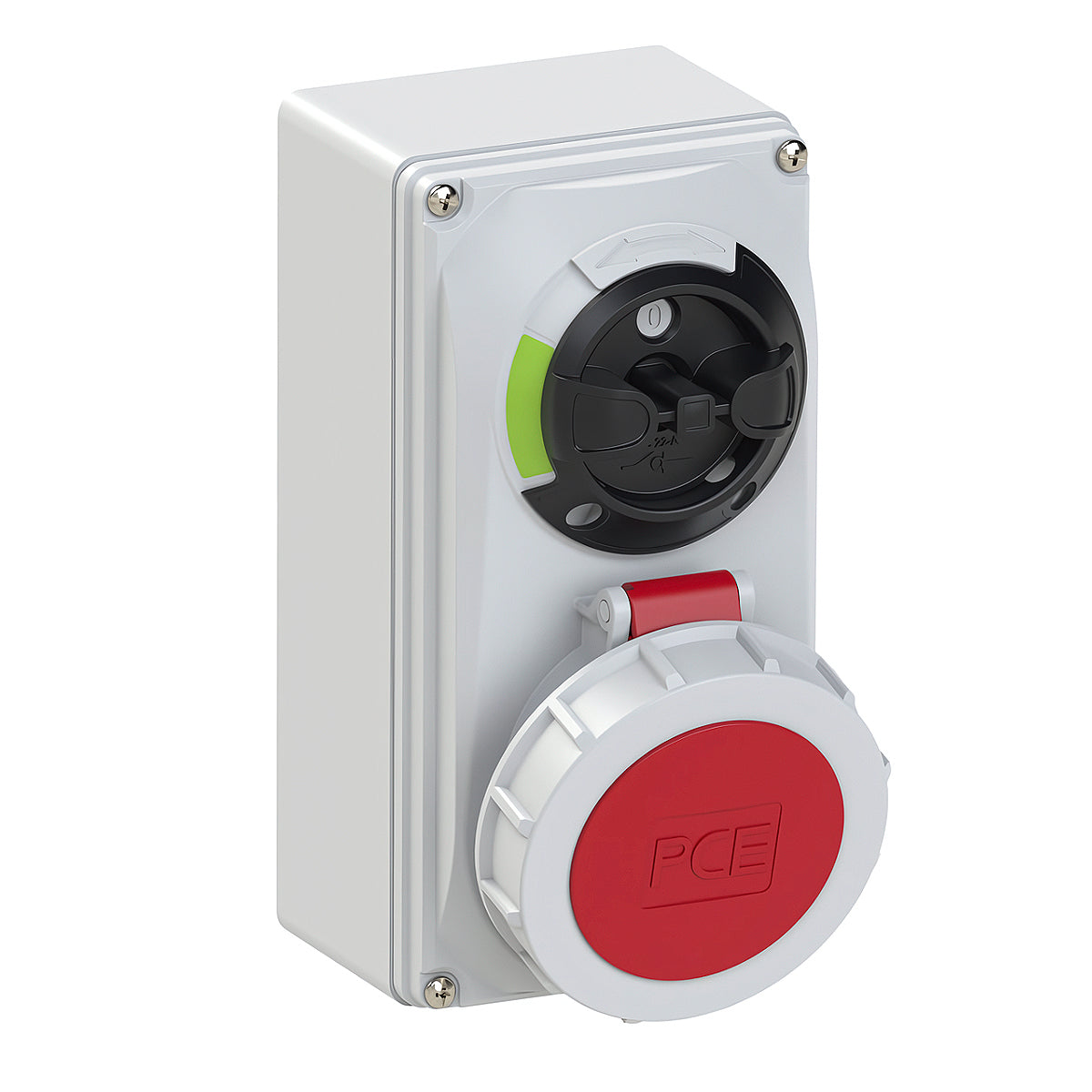 Ổ cắm công nghiệp lắp nổi có kèm công tắc kín nước PCE F61252-6, tải 32A, 5 cực (3P+N+PE), điện áp 400V, Chuẩn kín nước IP67