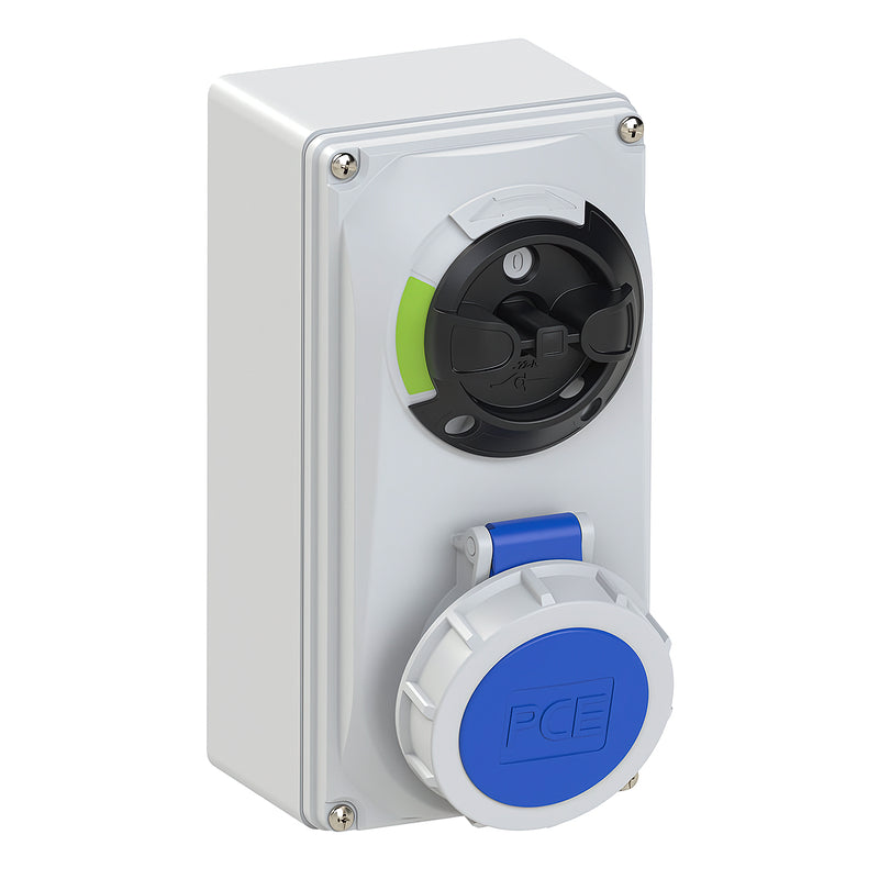 Ổ cắm công nghiệp lắp nổi tích hợp công tắc xoay kín nước PCE F61132-6, tải 16A, 3 cực (2P+PE), điện áp 230V, Chuẩn kín nước IP67