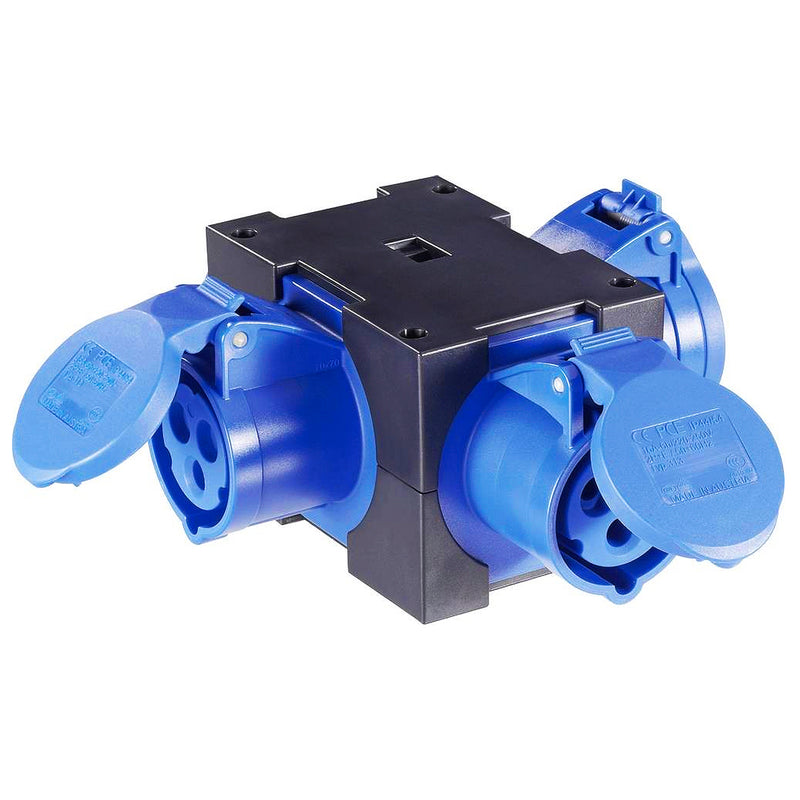 Bộ chia 3 ổ cắm công nghiệp PCE F9430401 tải 16A, 3 cực (2P+PE), điện áp 230V, cấp chống nước IP44, cách điện kép, đầu cắm đấu nối nhanh