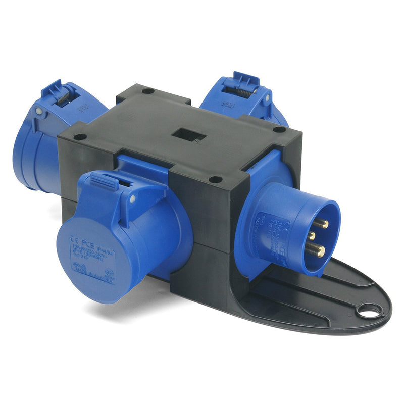 Bộ chia 3 ổ cắm công nghiệp PCE F9430401 tải 16A, 3 cực (2P+PE), điện áp 230V, cấp chống nước IP44, cách điện kép, đầu cắm đấu nối nhanh