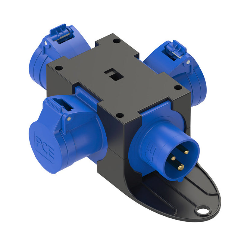 Bộ chia 3 ổ cắm công nghiệp PCE F9430401 tải 16A, 3 cực (2P+PE), điện áp 230V, cấp chống nước IP44, cách điện kép, đầu cắm đấu nối nhanh
